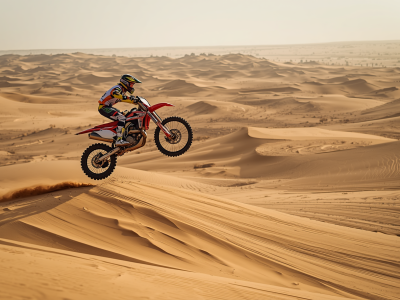 Dirt bike motorcycle rider jumping over desert dunes in Dubai, extreme sports action, motocross in sand, high jump, thrilling adventure, professional photography