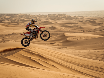 Dirt bike motorcycle rider jumping over desert dunes in Dubai, extreme sports action, motocross in sand, high jump, thrilling adventure, professional photography