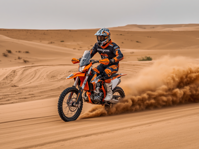 Professional photo of KTM dirt bike motorcycle with rider in full gear, action shot in Dubai desert, orange KTM bike, dynamic pose, sand flying, exciting adventure photography, high quality