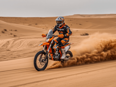 Professional photo of KTM dirt bike motorcycle with rider in full gear, action shot in Dubai desert, orange KTM bike, dynamic pose, sand flying, exciting adventure photography, high quality